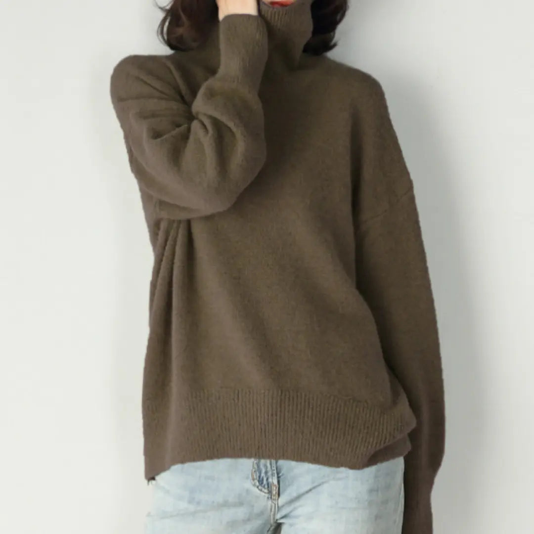 Women's loose knit turtleneck sweater relaxed fit soft acrylic cozy fall winter style