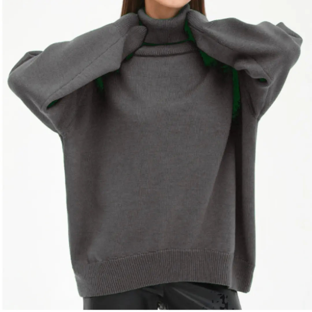 Women's loose knit turtleneck sweater relaxed fit soft acrylic cozy fall winter style