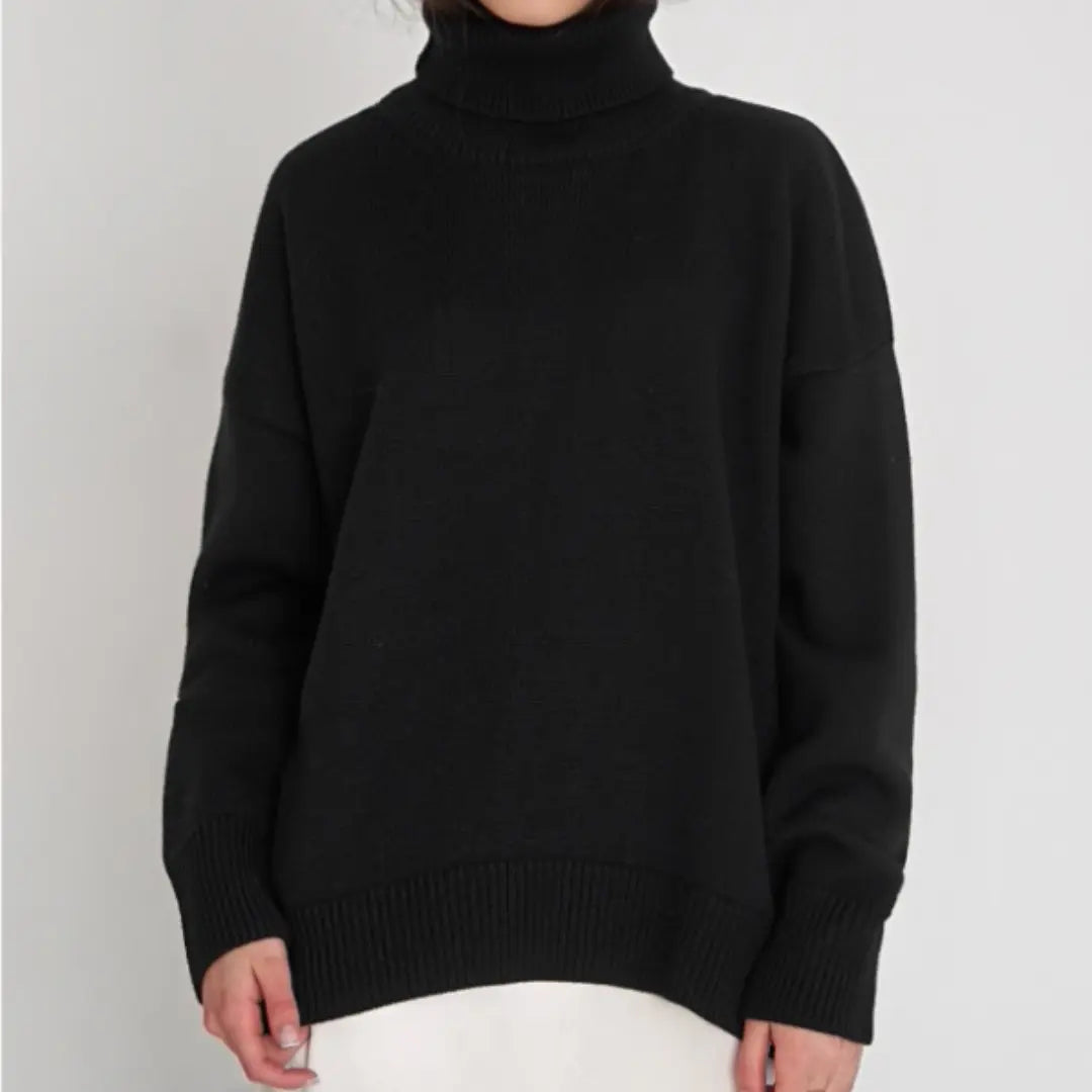 Women's loose knit turtleneck sweater relaxed fit soft acrylic cozy fall winter style