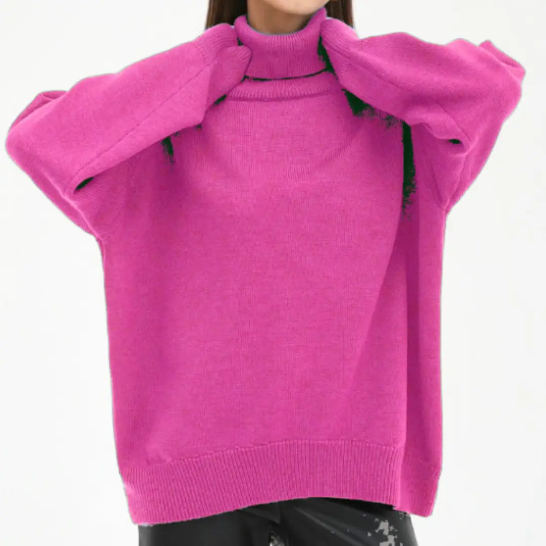 Women's loose knit turtleneck sweater relaxed fit soft acrylic cozy fall winter pullover