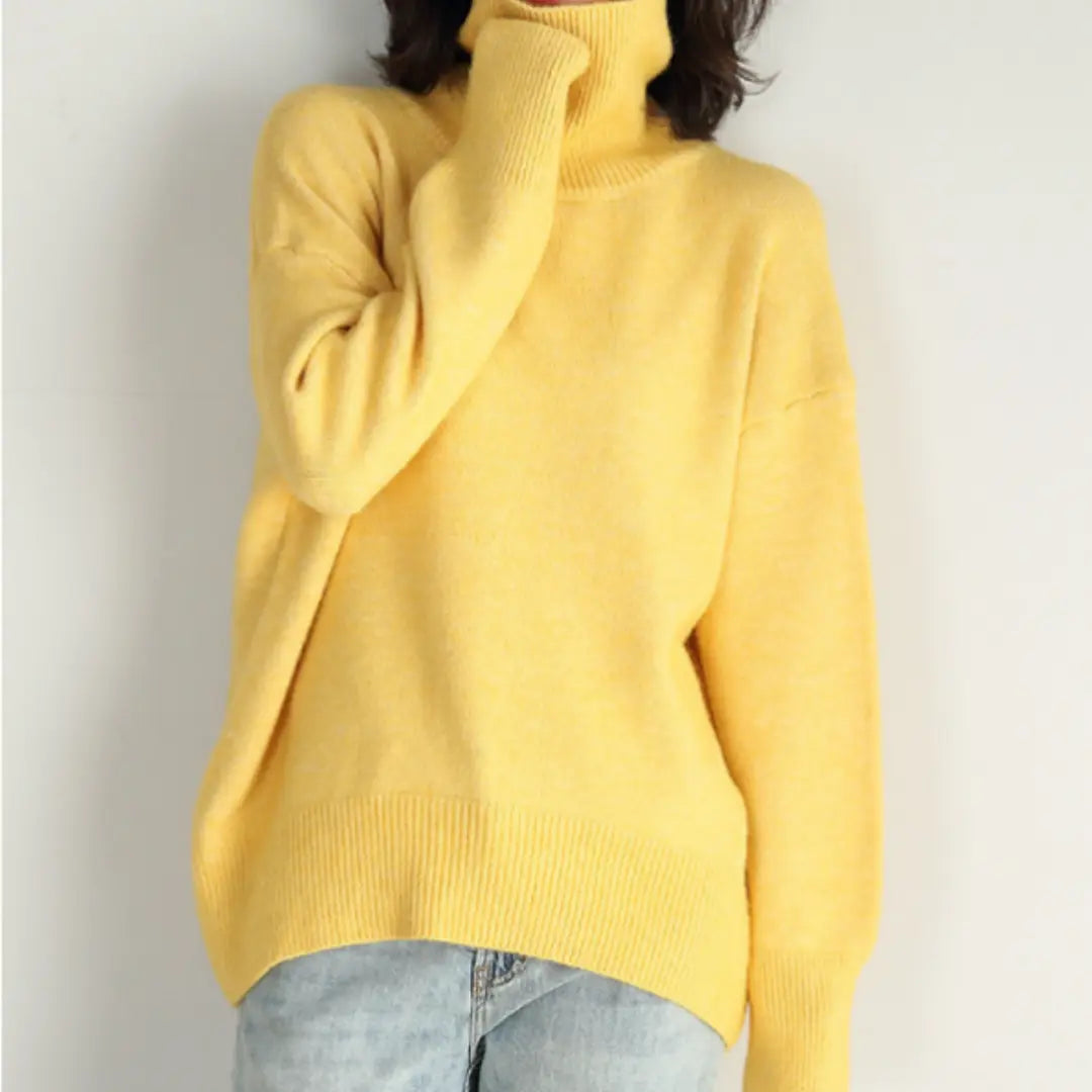 Women's loose knit turtleneck sweater relaxed fit soft acrylic cozy fall winter style