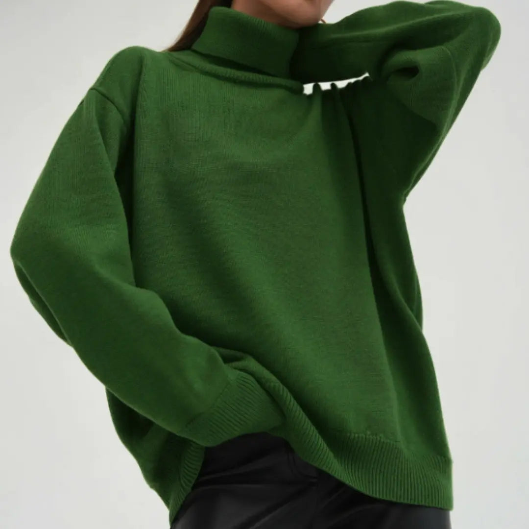 Women's loose knit turtleneck sweater relaxed fit soft acrylic cozy fall winter style