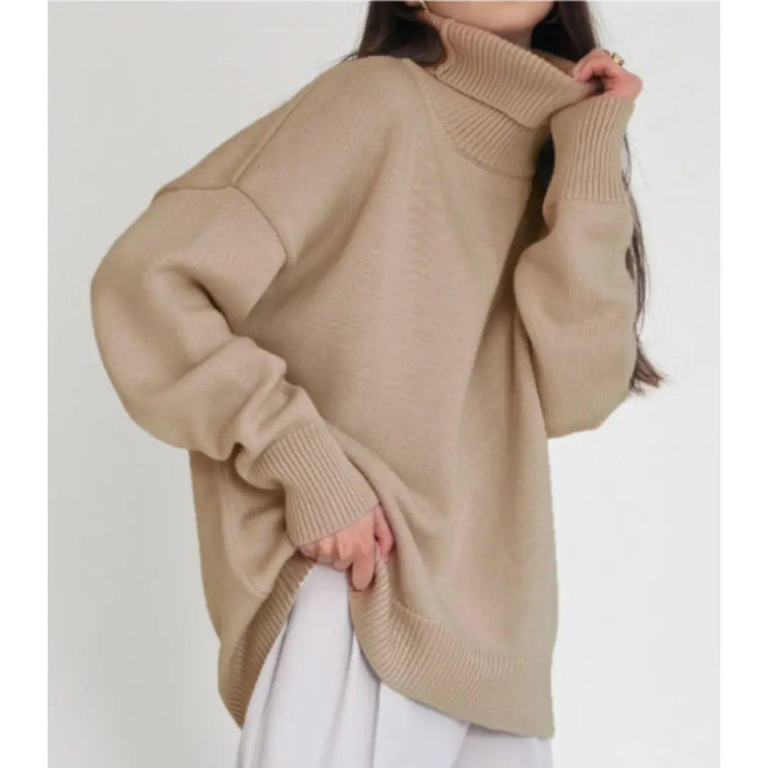 Women's loose knit turtleneck sweater relaxed fit soft acrylic cozy fall winter style