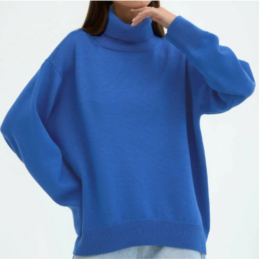 Women's loose knit turtleneck sweater relaxed fit soft acrylic cozy fall winter style