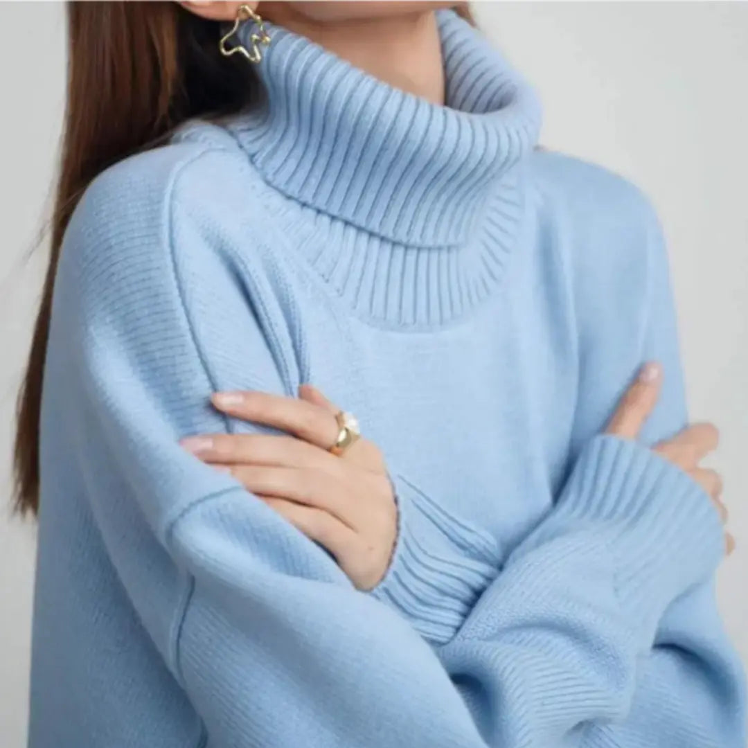 Women's loose knit turtleneck sweater relaxed fit soft acrylic cozy fall winter style