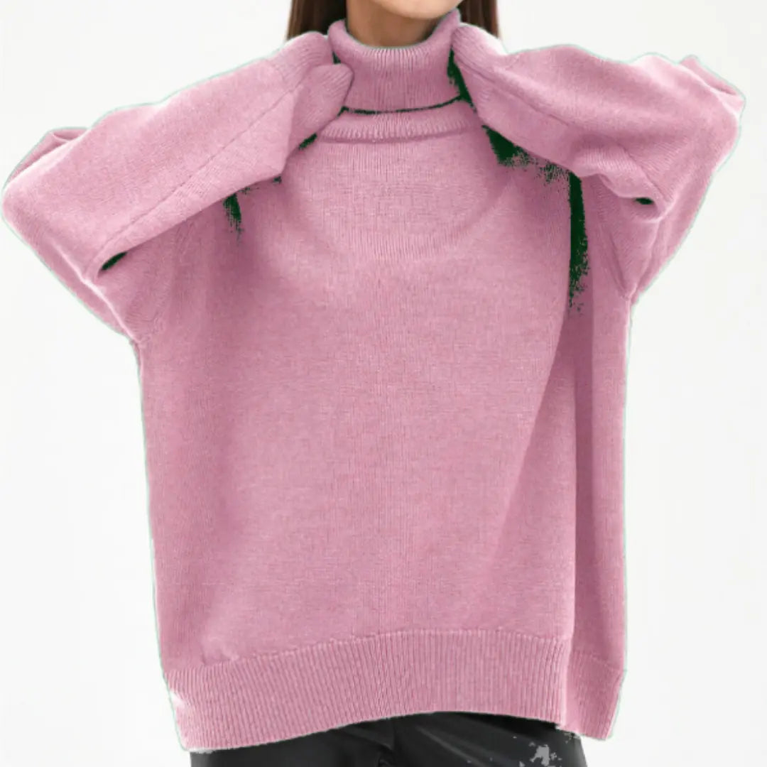 Women's loose knit turtleneck sweater relaxed fit soft acrylic cozy fall winter style