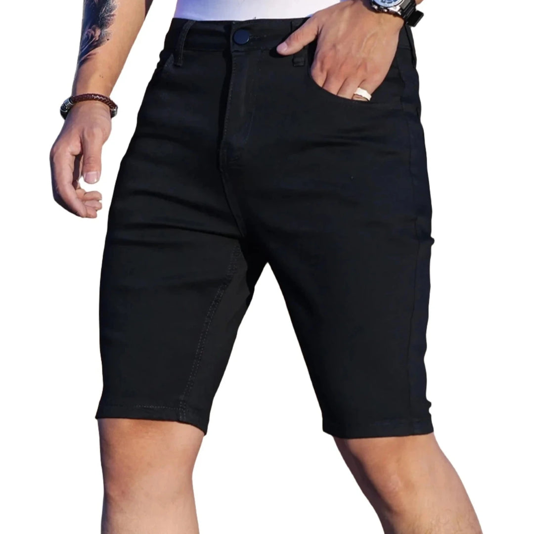 Loren light wash denim shorts with subtle fade, fitted stretch cut and classic five-pocket design