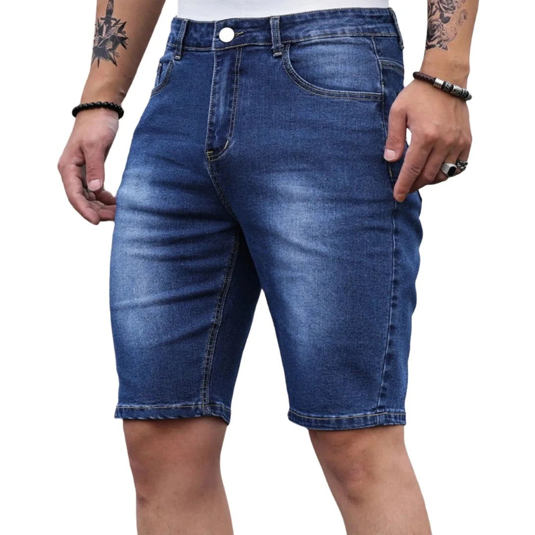 Loren light wash denim shorts with subtle fade, fitted stretch five-pocket style for warm weather