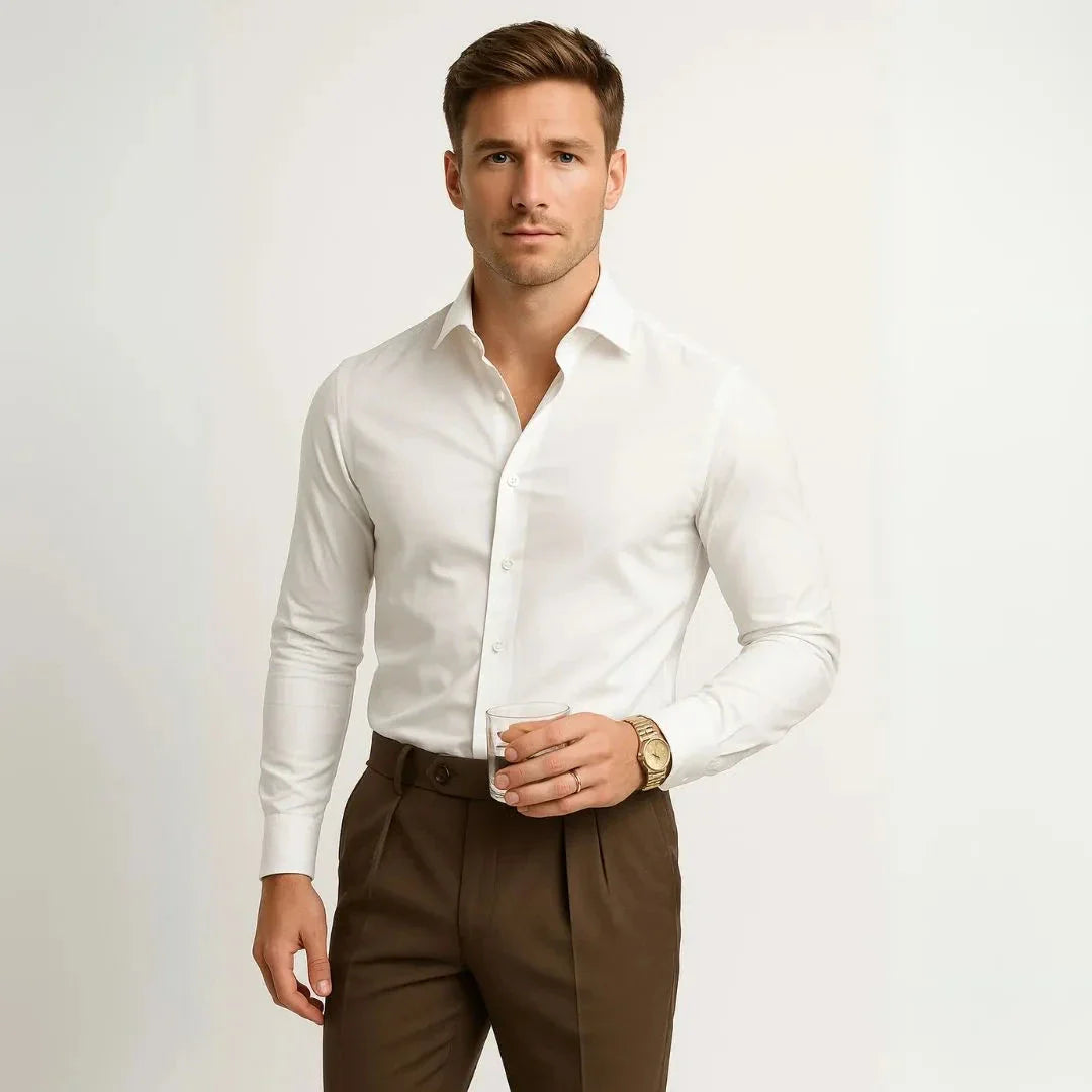 Men's white slim fit long sleeve dress shirt with stretch fabric and modern formal button-down design