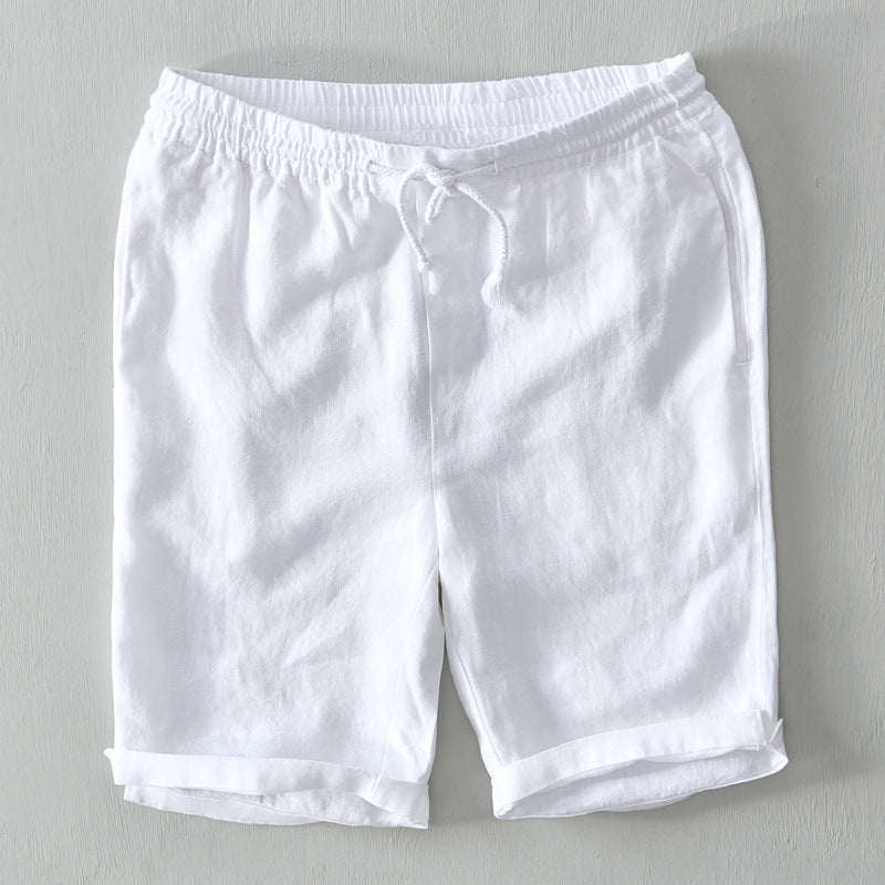 Lorenzo Vitali men's loose-fit mid-rise linen shorts with drawstring waist, coastal casual style