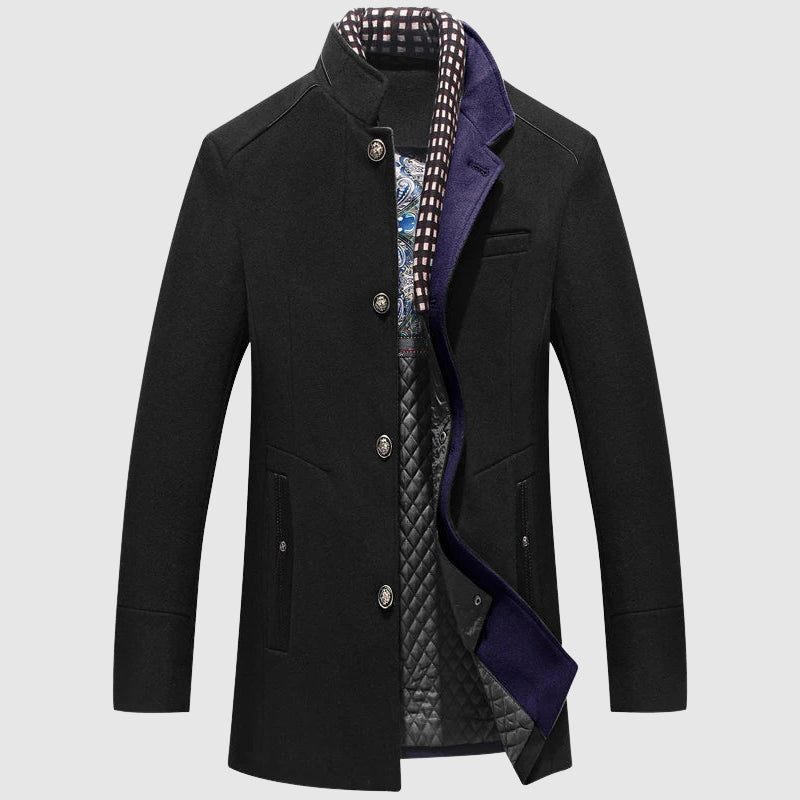 Lorenzo Vitali Elite wool coat in solid color, single-breasted turtleneck collar, thick worsted fabric