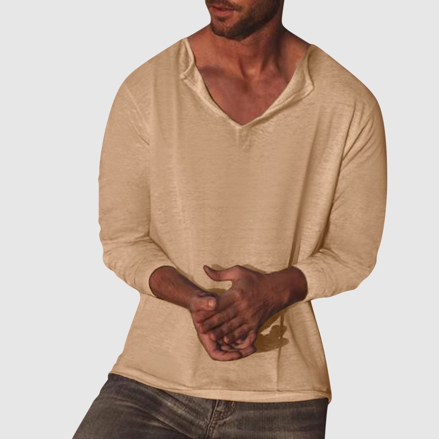 Lorenzo Vitali white cotton-linen V-neck shirt loose-fit long-sleeve breathable casual essential