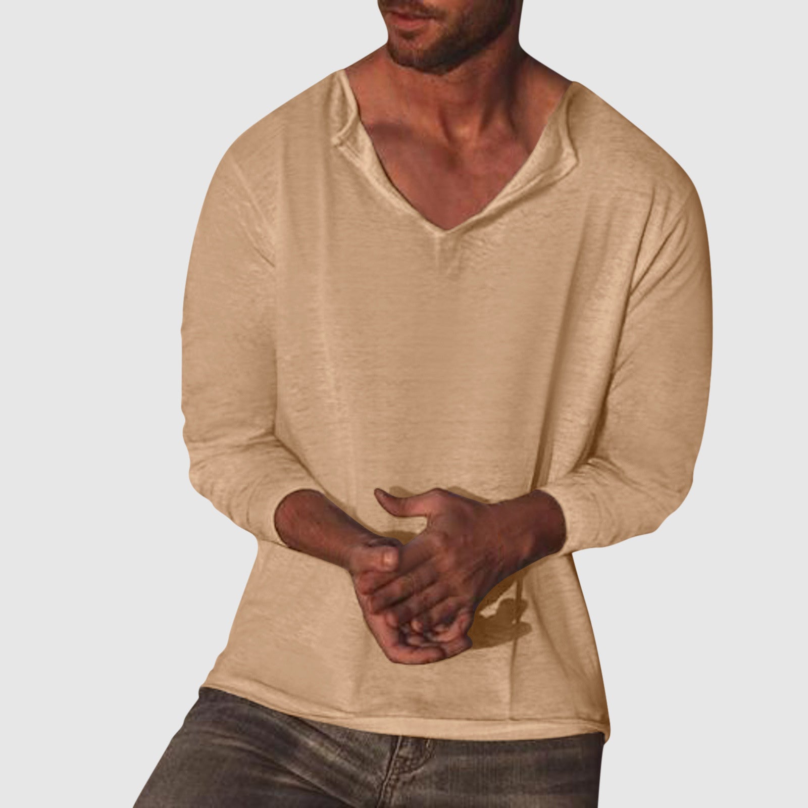 Lorenzo Vitali white cotton-linen V-neck shirt loose-fit long-sleeve breathable casual essential