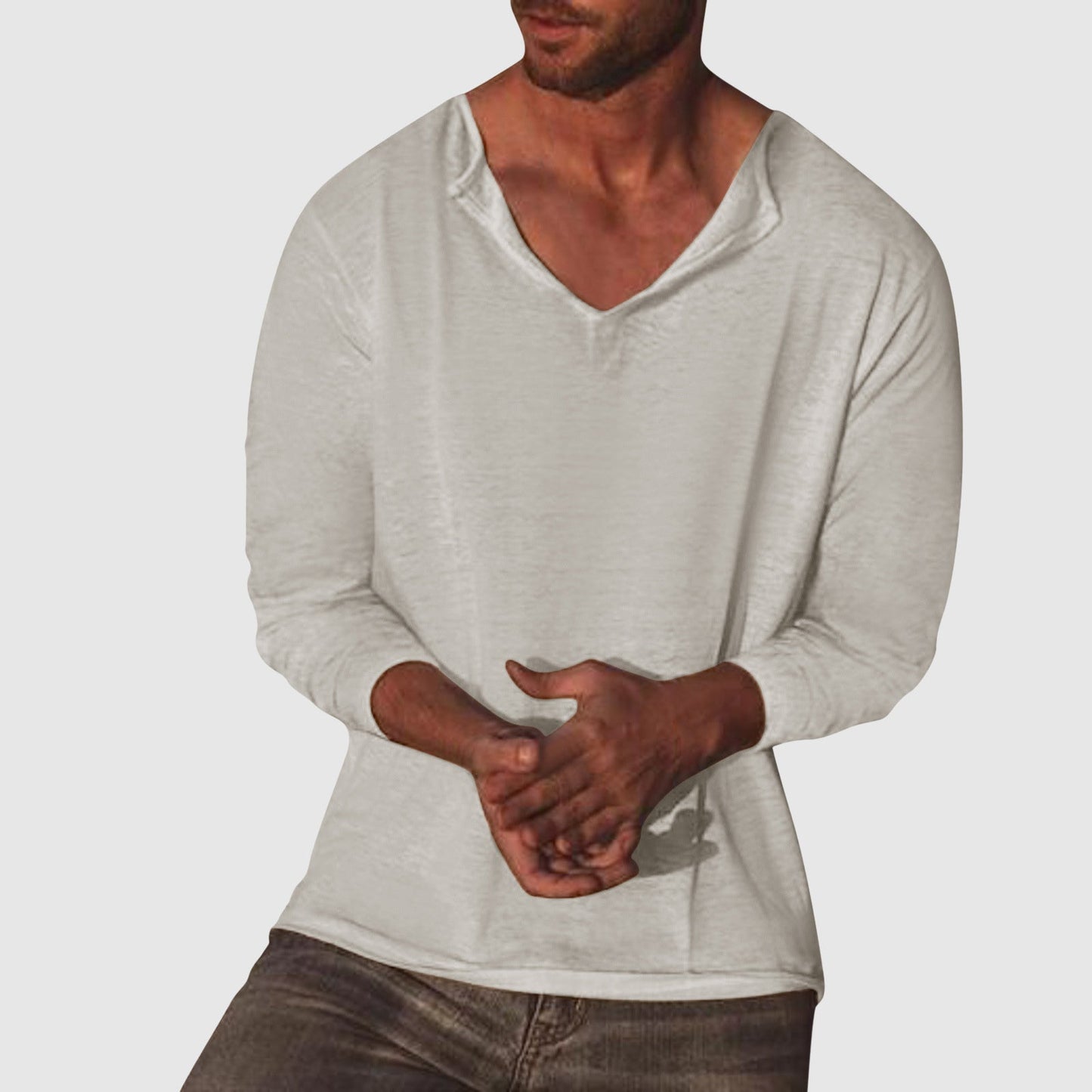Lorenzo Vitali white cotton-linen V-neck shirt, loose-fit long sleeve breathable casual style