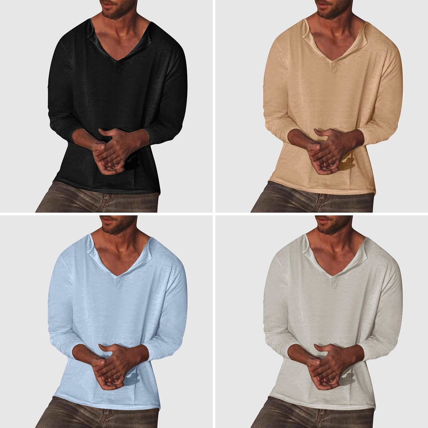 Lorenzo Vitali white cotton-linen V-neck shirt, loose-fit long sleeve essential casual style