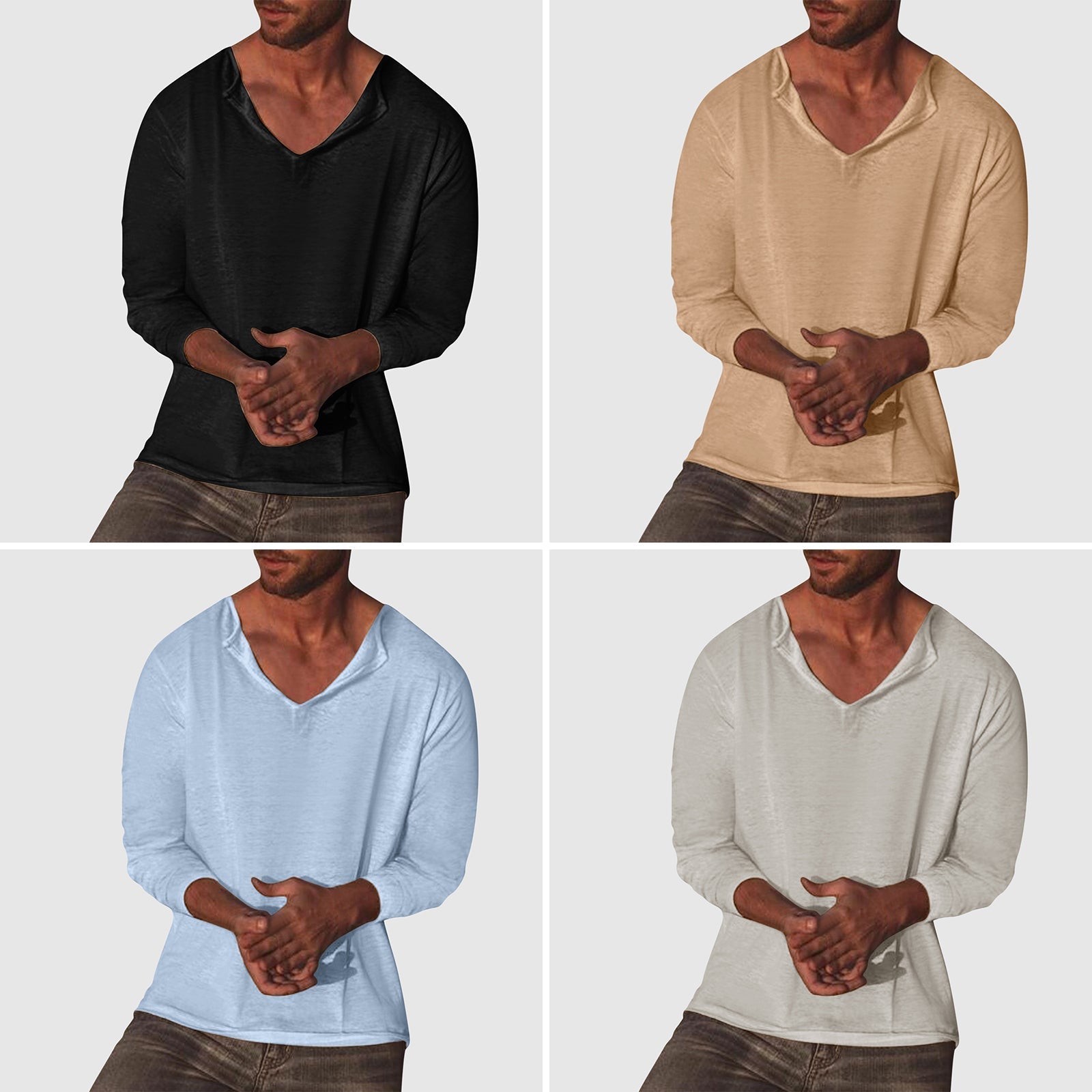 Lorenzo Vitali white cotton-linen V-neck shirt, loose-fit long sleeve essential casual style