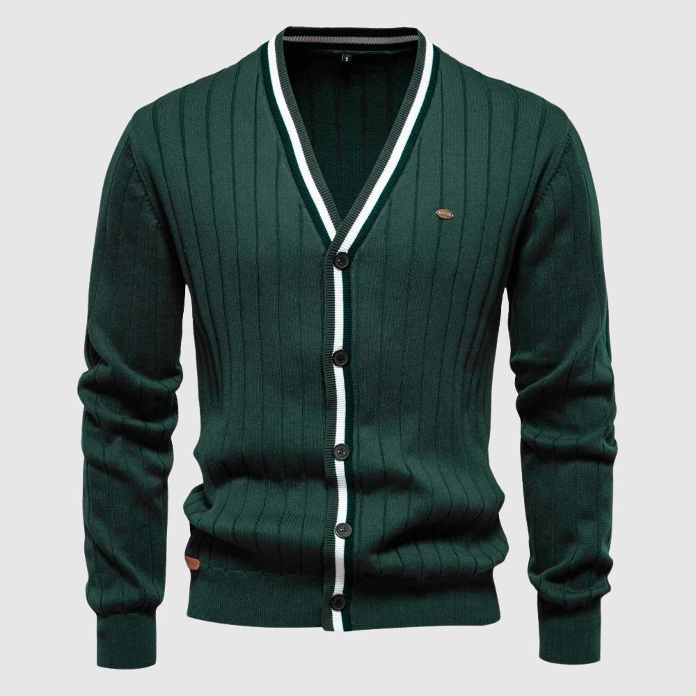 Lorenzo Vitali navy cotton blend V-neck cardigan with single-breasted closure for effortless layering