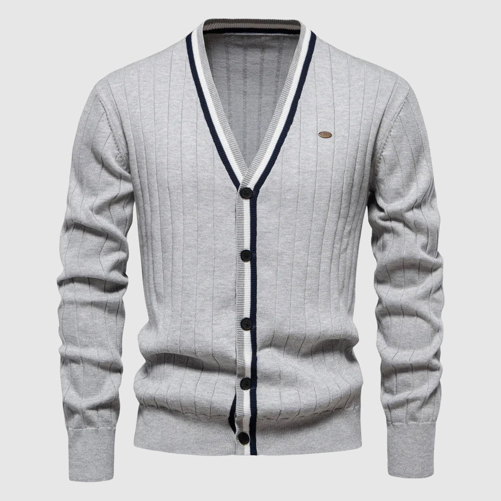 Lorenzo Vitali navy cotton blend V-neck cardigan single-breasted closure relaxed everyday fit