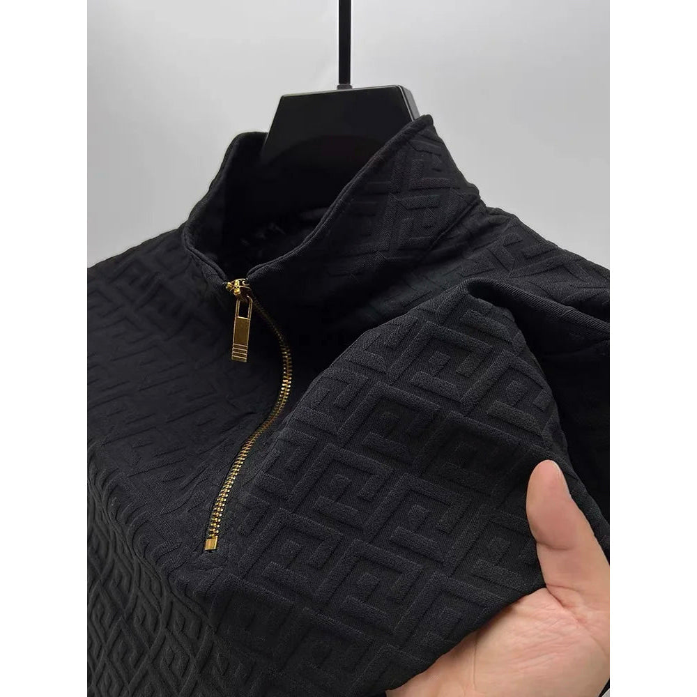 Lorenzo Vitali black jacquard luxe sweater with mock neck, geometric patterns, and zipper details