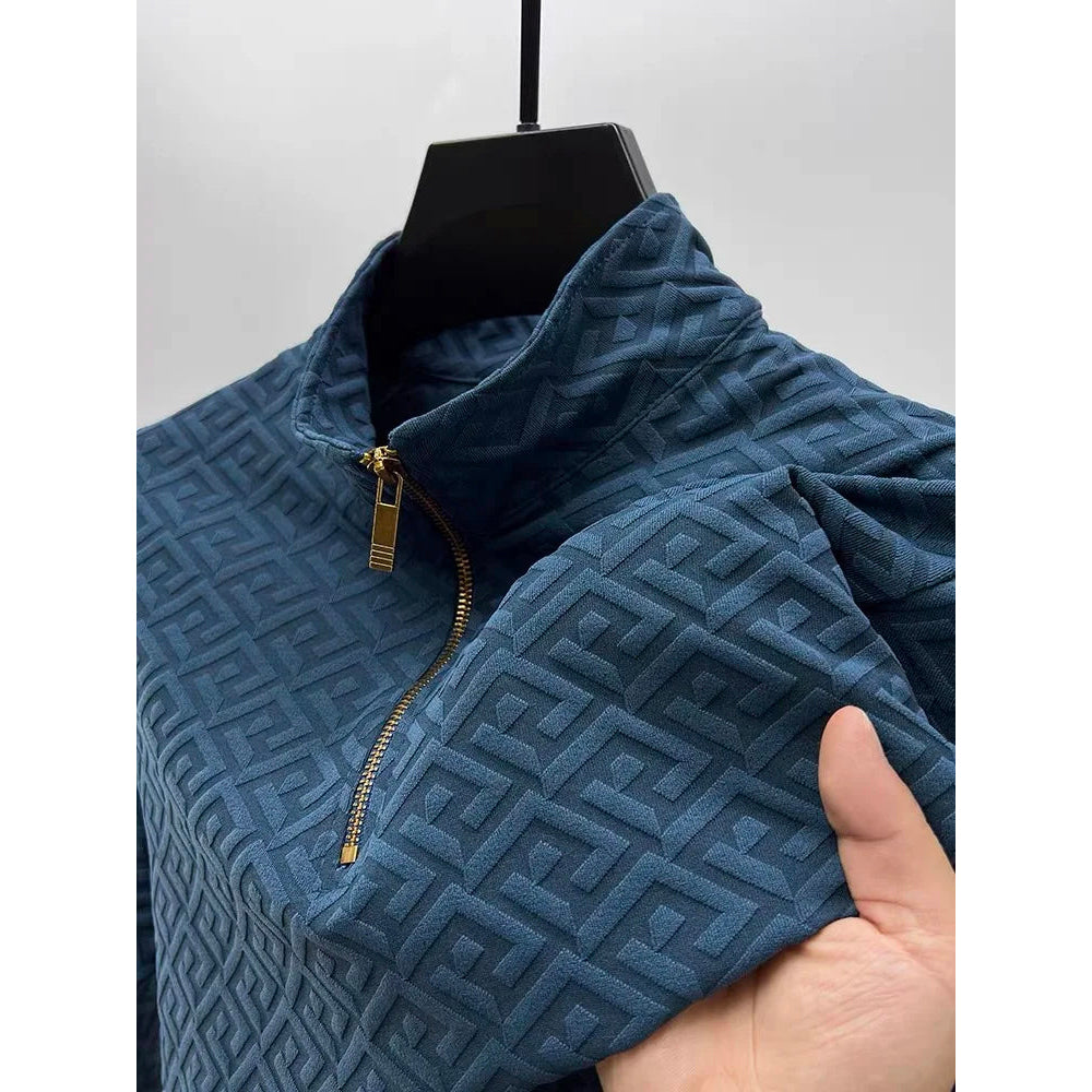 Lorenzo Vitali black jacquard luxe sweater with mock neck, geometric patterns, and zipper details