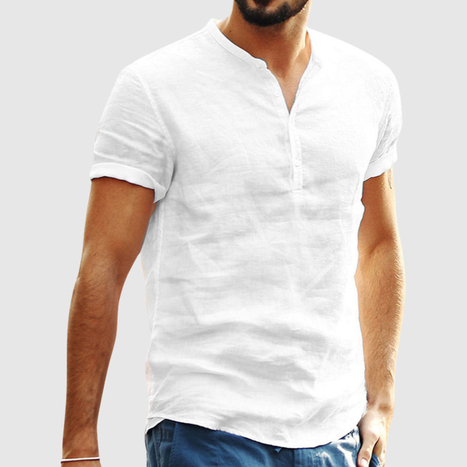 Lorenzo Vitali linen v-neck shirt slim tailored fit with sleek stand collar in premium cotton-linen blend