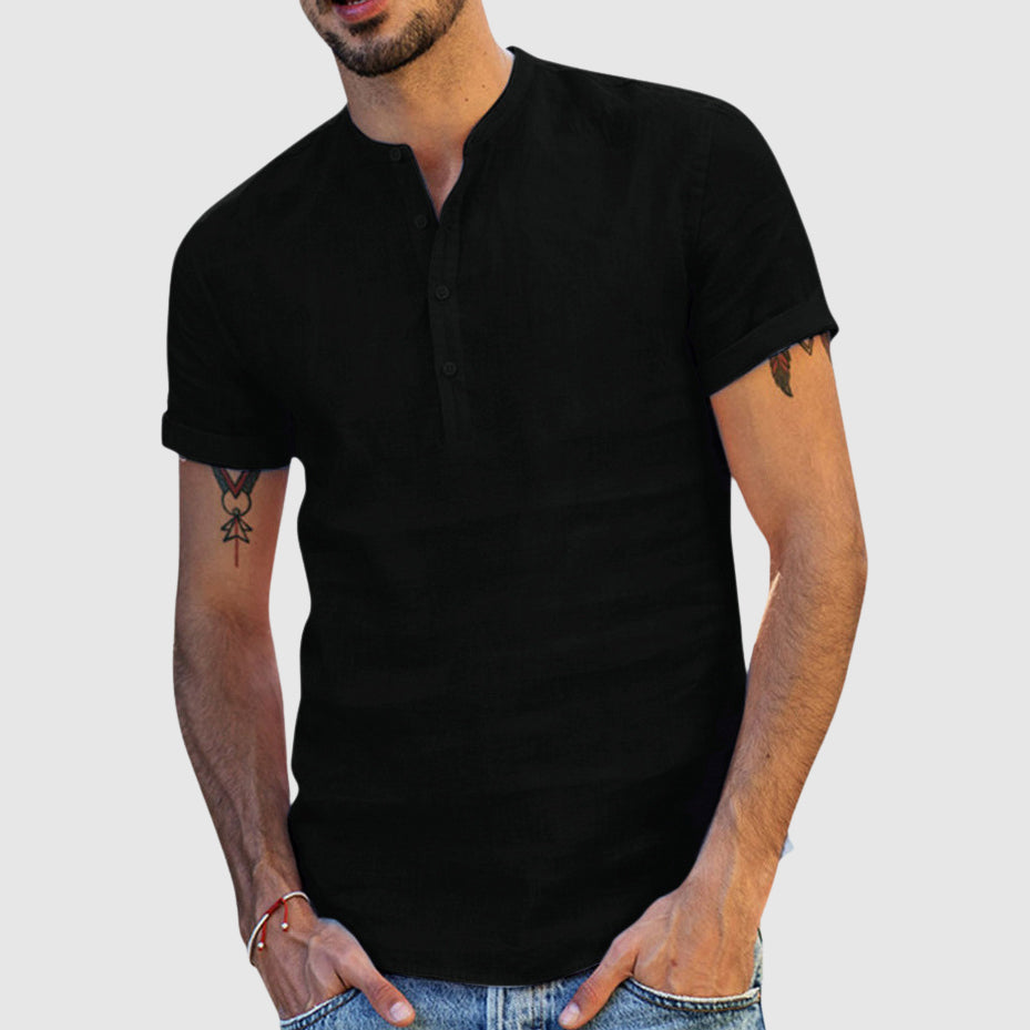 Lorenzo Vitali linen v-neck shirt tailored fit stand collar premium cotton-linen blend summer style