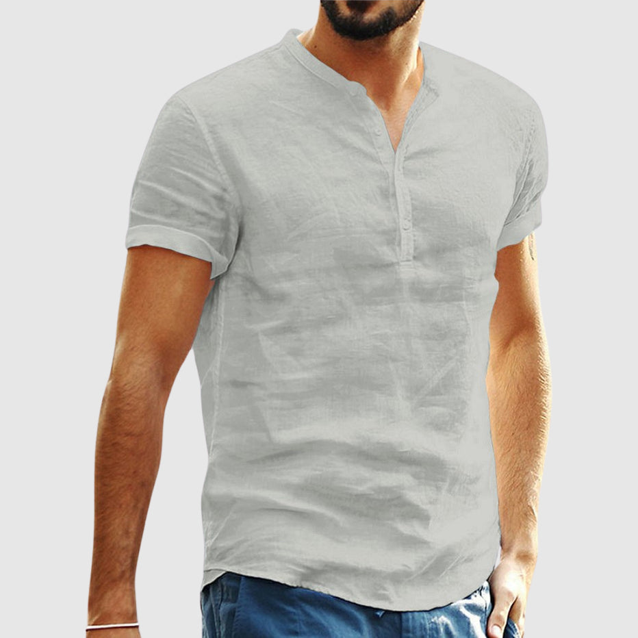 Lorenzo Vitali linen v-neck shirt tailored fit with sleek stand collar in premium cotton-linen blend