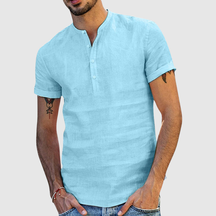 Lorenzo Vitali linen v-neck shirt tailored fit stand collar breathable cotton-linen blend summer style