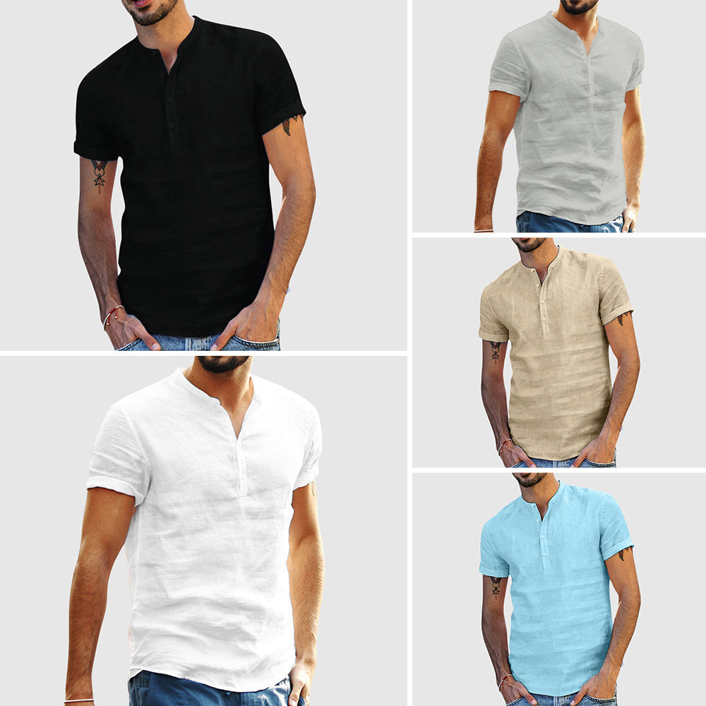 Lorenzo Vitali linen v-neck shirt tailored fit breathable cotton-linen blend stand collar summer style