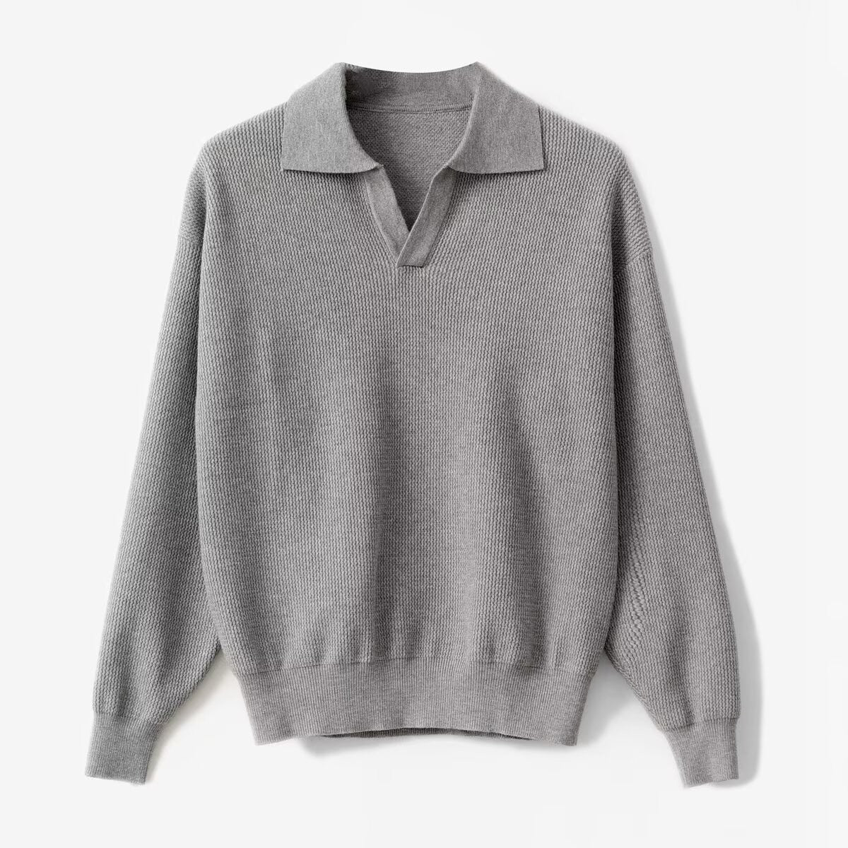 Men's relaxed fit wool knit polo pullover with ribbed cuffs, long sleeves, everyday fall winter style