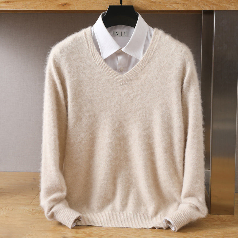 Women's loose-fit V-neck wool blend sweater with faux mink softness, everyday chic style