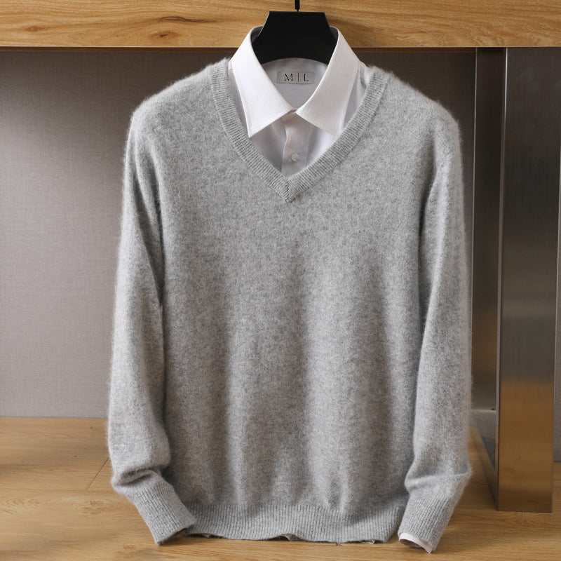 Women's loose-fit V-neck wool blend sweater in neutral tone with faux mink softness