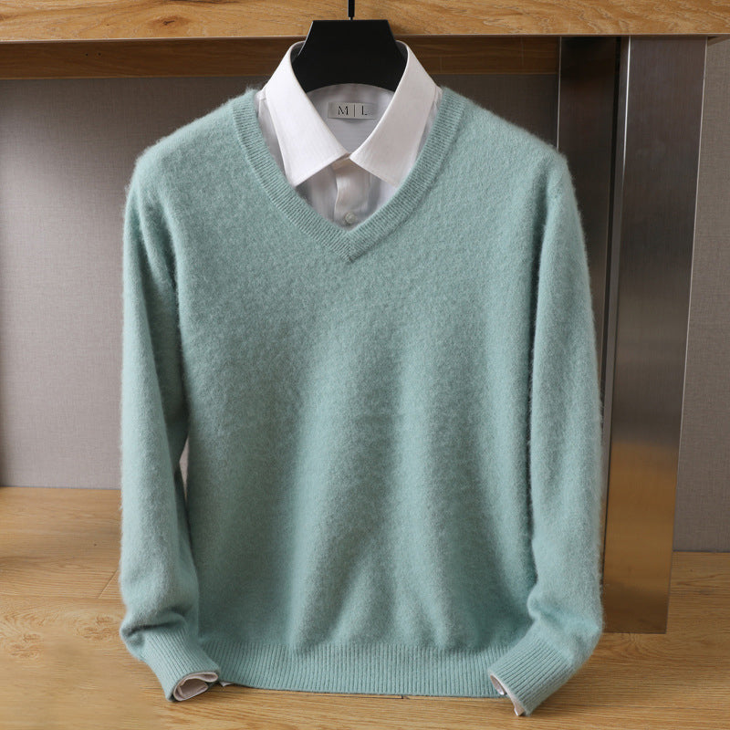 Women's loose-fit V-neck wool blend sweater with faux mink softness, everyday chic silhouette