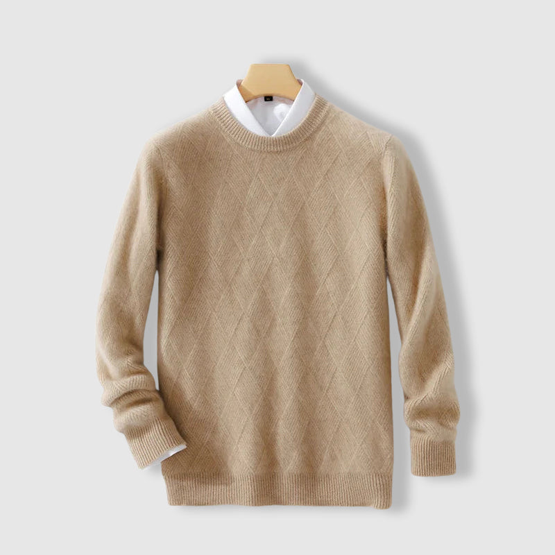 Lorenzo Vitali thick merino wool sweater in neutral tones with subtle argyle pattern, cozy modern fit