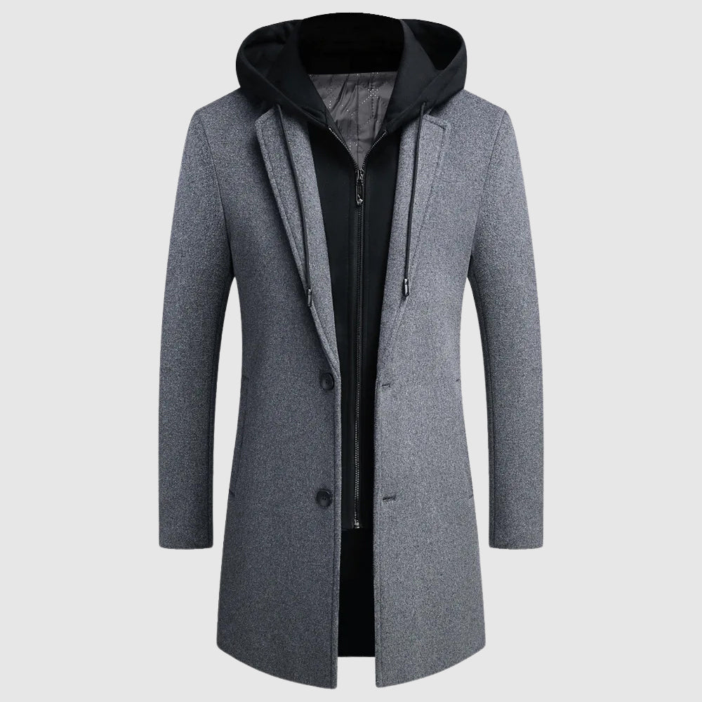 Lorenzo Vitali Metro Chill wool-blend overcoat in neutral tone with hood and turn-down collar