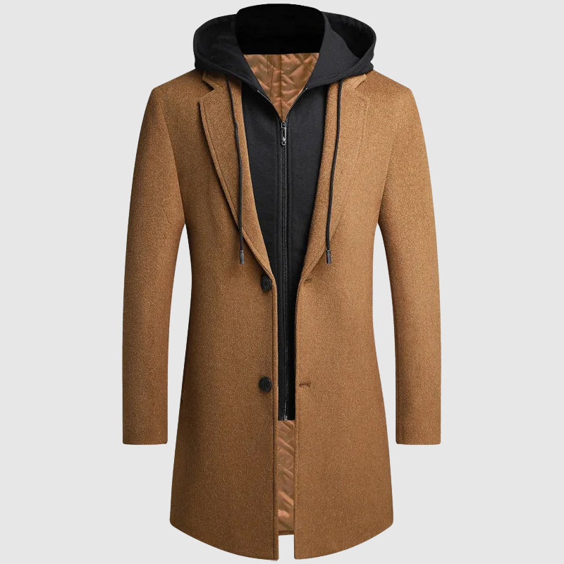Lorenzo Vitali Metro Chill hooded wool-blend coat in neutral tone with sleek turn-down collar