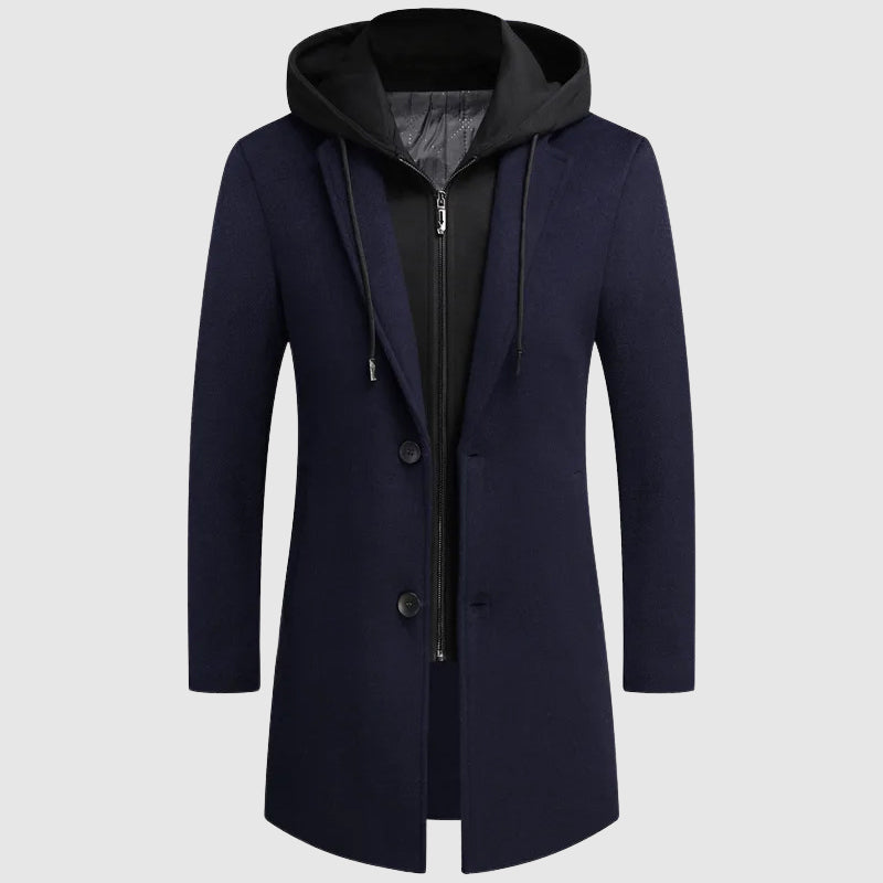 Lorenzo Vitali Metro Chill hooded wool-blend coat in neutral tone with turn-down collar