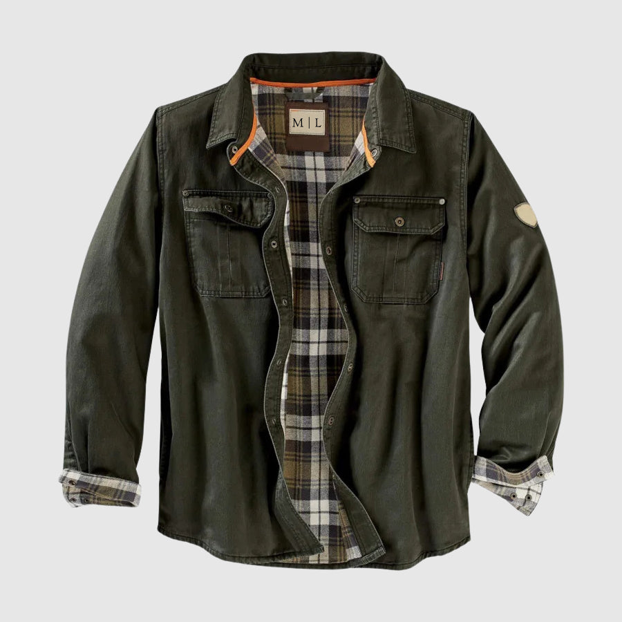 Lorenzo Vitali moto utility jacket in neutral tones with multi-pocket detailing and sharp lapel collar