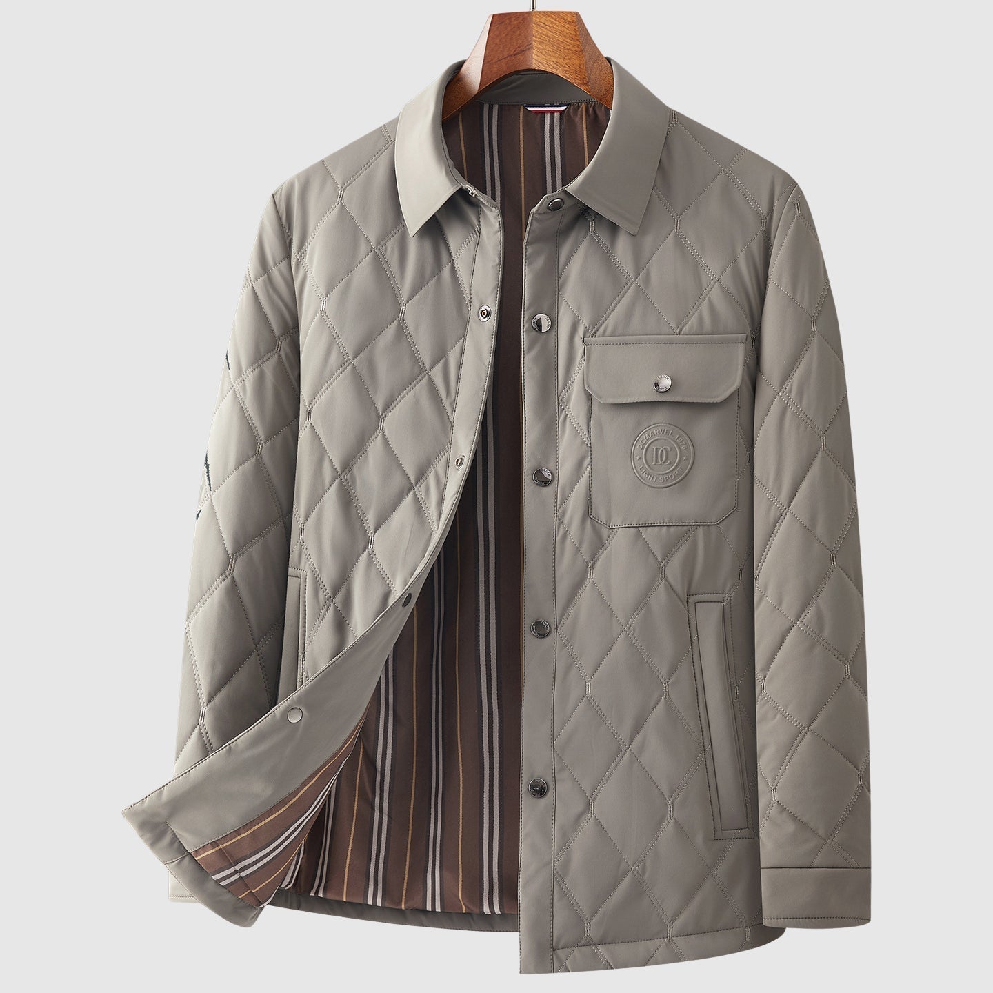 Men's hip-length quilted jacket with diamond stitch pattern, button front, and patch pockets