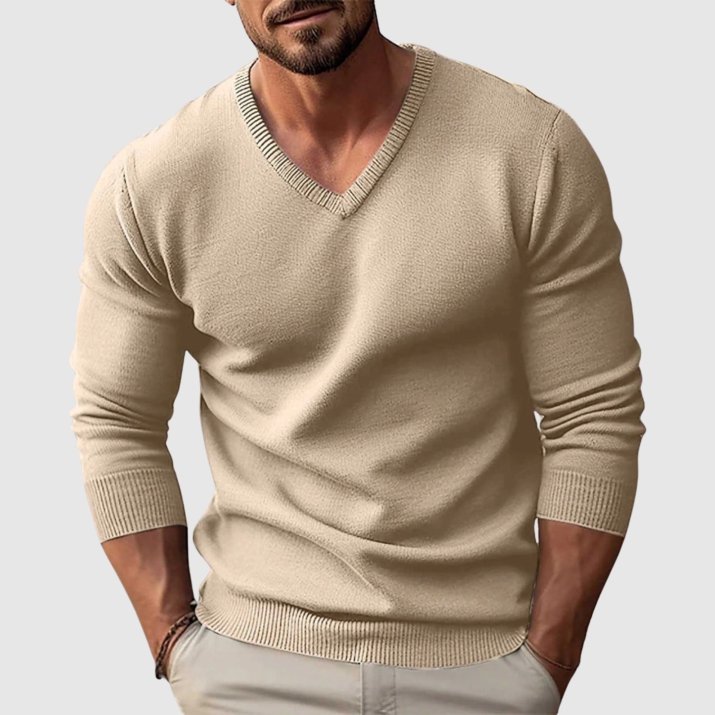 Lorenzo Vitali slim-fit V-neck Nordic Crest wool sweater in neutral tone with flat-knit texture