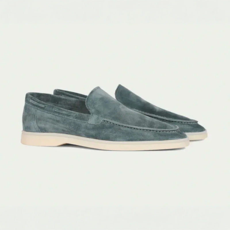 Men's tan suede slip-on loafers moc toe design rubber sole streamlined fit casual everyday wear