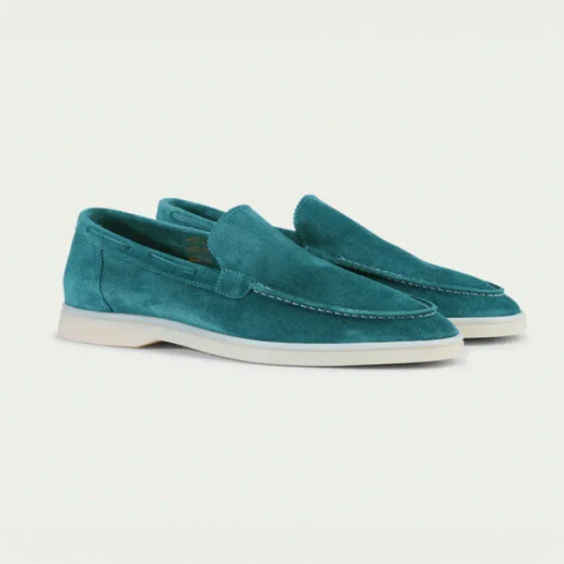 Men's tan suede slip-on loafers moc toe design rubber sole streamlined fit casual everyday wear