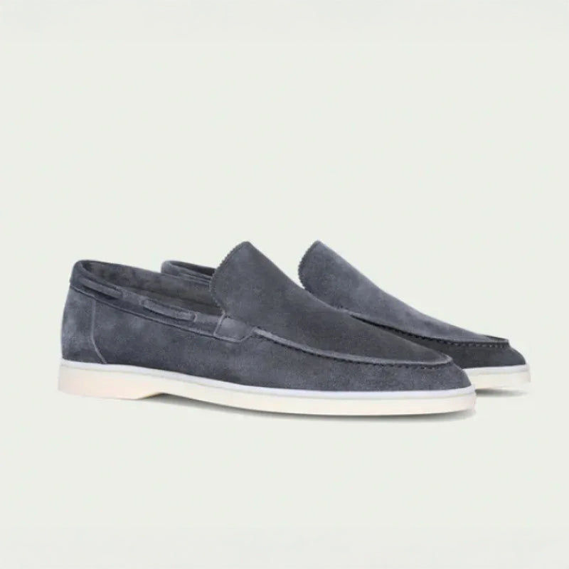 Tan suede slip-on loafers moc toe streamlined fit rubber sole men casual everyday wear