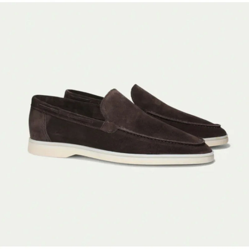 Tan suede slip-on loafers moc toe rubber sole streamlined fit men casual everyday wear