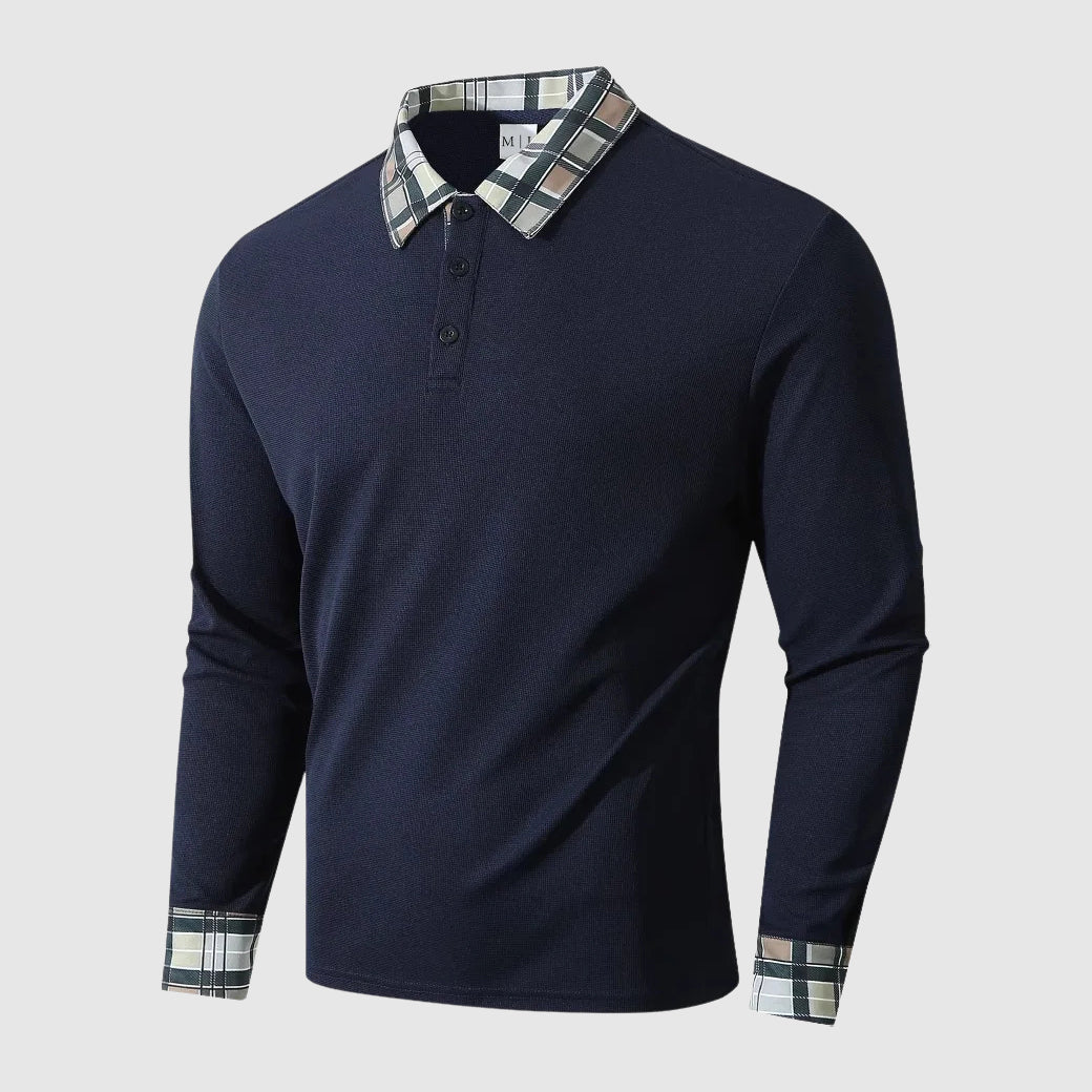 Men's long sleeve ribbed knit polo shirt regular fit with plaid collar and cuffs