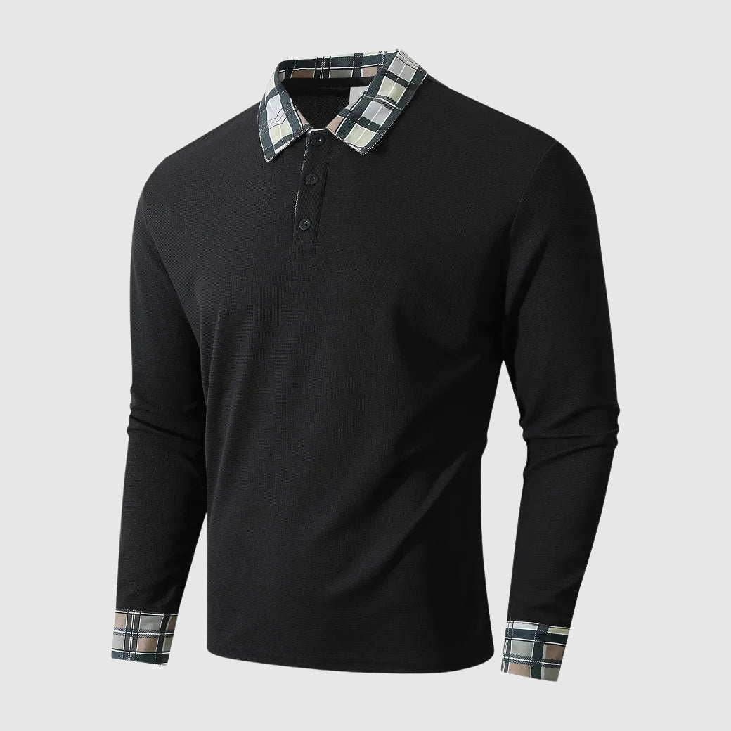 Men's long sleeve ribbed knit polo shirt regular fit with plaid collar and cuffs