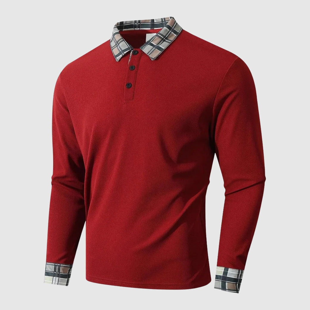 Men's long sleeve ribbed knit polo shirt regular fit with plaid collar and cuffs