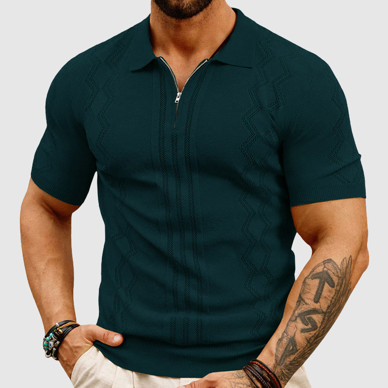 Lorenzo Vitali SilkKnit wool polo shirt with perforated pattern and zipper collar, short-sleeve modern fit