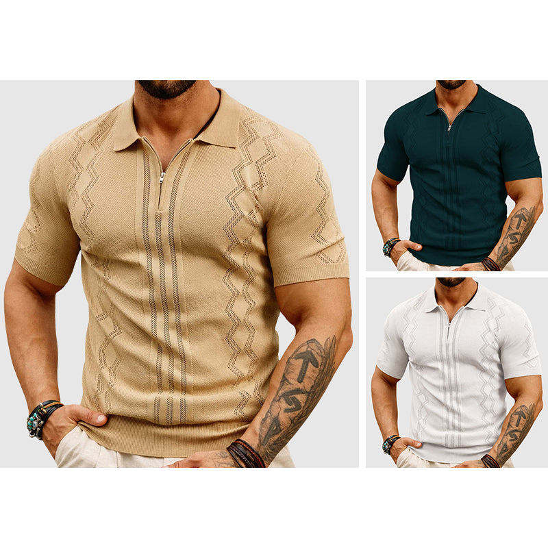 Lorenzo Vitali SilkKnit wool polo shirt with perforated pattern and modern zipper collar, short-sleeve