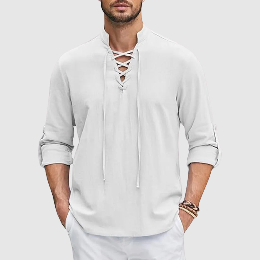 Lorenzo Vitali Valor men's linen blend V-neck shirt with rollable full sleeves in timeless style